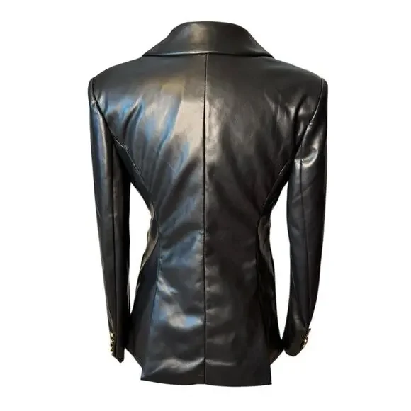 7 For All Mankind Faux Leather Black Blazer Women's Medium Gold Buttons - Picture 6 of 8